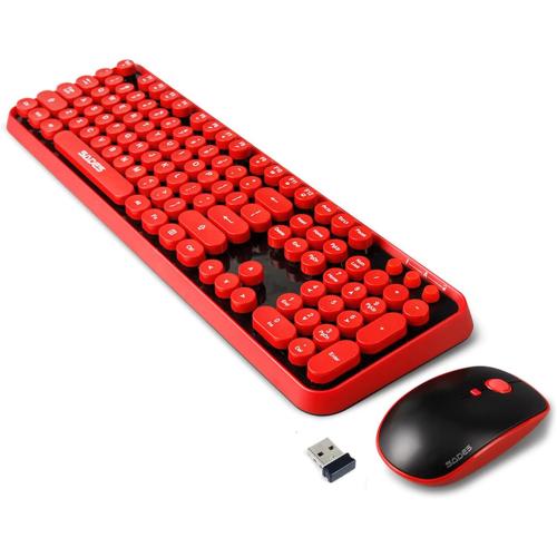Red Wireless Keyboard and Mouse Combo, Retro Typewriter Style Round Key Keyboard with Bubble Keycaps, 2.4GHz Creamy Clicky Aesthetic Full Size Keyboard with Number Pad for PC Laptop Desktop