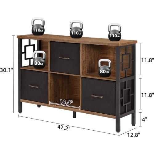 HOMISSUE 6 Cube Storage Organizer Shelf, Rustic Short Bookshelf with 3 Storage Bins, Industrial Horizontal Bookshelf with Metal Frame, Low and Wide Cube Bookcase for Living Room and Office, Brown