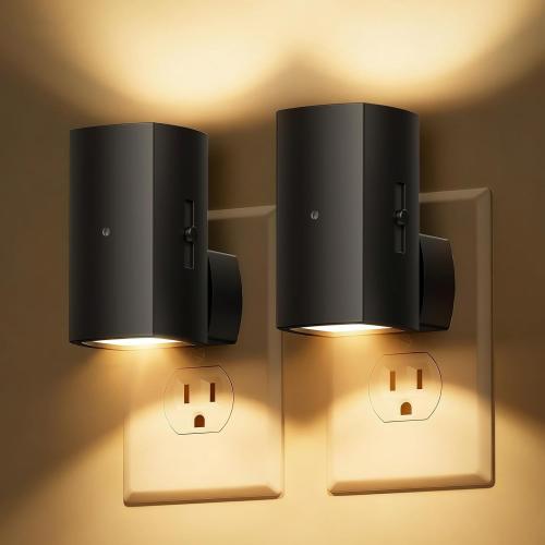 Brightown 2 Pack Black Night Lights with Rotating Plug, Soft White | Modern Night Light with Rotating Plug, Dusk to Dawn Sensor, 0-100LM Stepless Dimming Night Light for Hallway Bedroom Bathroom