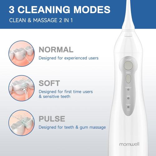 Mornwell Water Flosser Cordless, Water Flossers for Teeth - 300ML Tank and 4 Jet Tips, 3 Modes Portable Dental Oral Irrigator, Braces Care, Rechargeable Waterproof Portable Water Flosser (White)