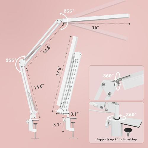 LED Desk Lamp, Manicure Table Lamp, 16 Lamp Head, Dimmable Eye-Caring Drafting Light with 3 Color Modes, 10 Brightness Levels & Adapter, Memory Function(White)