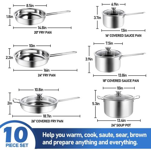 10-Piece Pots and Pans Set, Stainless Steel Cookware Set- Includes Ergonomic Handle Saucepans, Skillets, Dutch Oven, Stockpot, Steamer & More - Premium Pots and Pans for Home Chefs