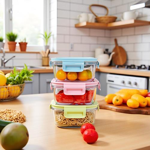 Square 2cup Glass Food Storage Containers with Airtight Lids, 16oz Glass Meal Prep Containers, Square Food Bowl For Lunch, Fruit, Snack, Dishwasher Microwave Freezer Safe (Pink Green)