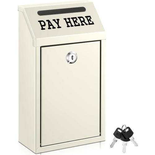 Yaocom Metal Money Cash Box,Beige,10.2 X 5.7 X 2.8 Inch | Wall Mount Pre-drilled Farm Stand Outdoor, Lockable Drop Slot for Donations, Pay Here Self-serve Safe Cash Lock Box