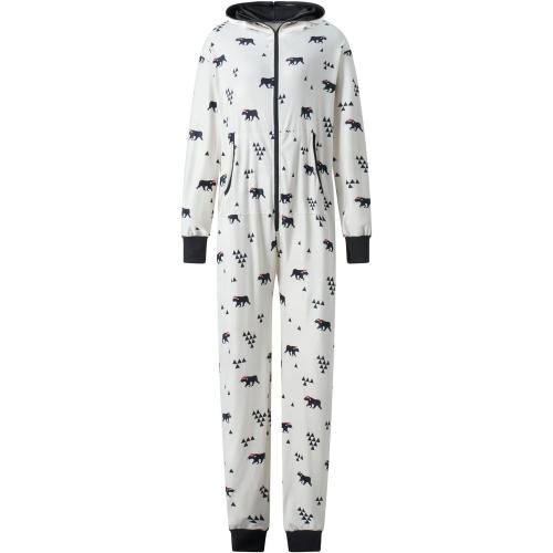 Size M Couples Matching Christmas Jumpsuit for Adults Printed Zipper Fleece Pajamas Hoodie Women Men Holiday Pocket Sleepwear
