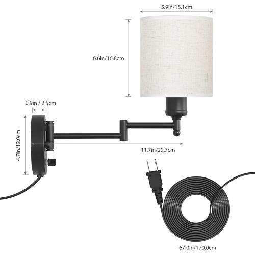 Set of 2 CADUKE Plug in Wall Light Set of 2, Swing Arm Wall Lamps, Modern Bedroom Wall Sconce Fixtures with Linen Lampshade for Reading Hallway Living Room