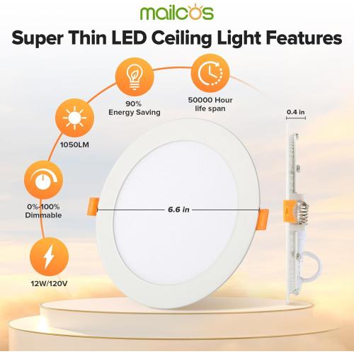 MAILCOS 12 Pack 6 Inch 5CCT Ultra-Thin LED Recessed Ceiling Light with Junction Box, 2700K-5000K Selectable, 1050LM High Brightness, Dimmable Canless Wafer Downlight, 12W 120V, ETL