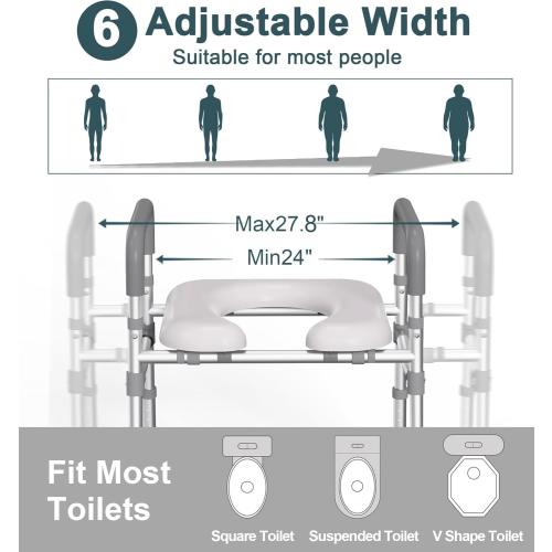 HOMLAND Toilet Seat Riser with Handles for Seniors, Removable Bedpan, 500lb | Aluminum Reinforced Crossbar, Padded Seat, Handicap Elevated Rised Toilet Seat for Elderly, Bedside Commode, Fit Any Toilet