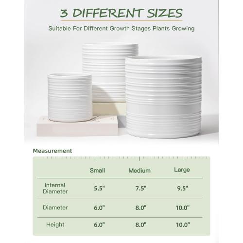 Ceramic Plant Pots, 6/8/10 Inch Ceramic Planter with Drainage Hole and Mesh Pad, White Outdoor Planter Pots with Stripes for Home Office Garden Patio, Set of 3