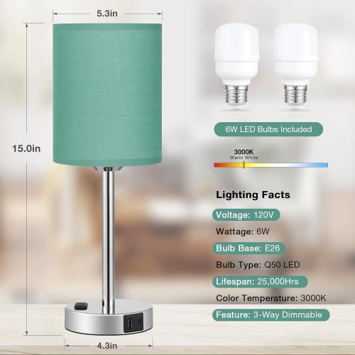 Innqoo Teal Touch Table Lamps Set of 2-3 Way Dimmable Bedside Lamp with USB C and A Ports and Outlets, Modern Nightstand Lamp with Silver Base, Small Bedroom Lamps for Kids Nursery