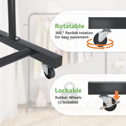 Garment Rack, Freestanding Simple Single Pole Clothes Rack With Wheels, Coat Rack, Multi-functional Rolling Clothing Storage With 2 Hooks for Bedroom, Living-room, Black