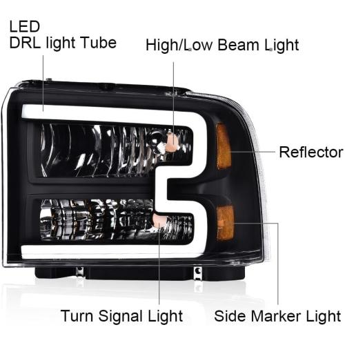 PIT66 LED Headlight Assembly Compatible with 2005-2007 Ford F250 F350 F450 F550 Super Duty /2005 Excursion (Not Fit Sealed Beam Headlight model) Headlamp Clear Lens Black Housing Amber Reflector