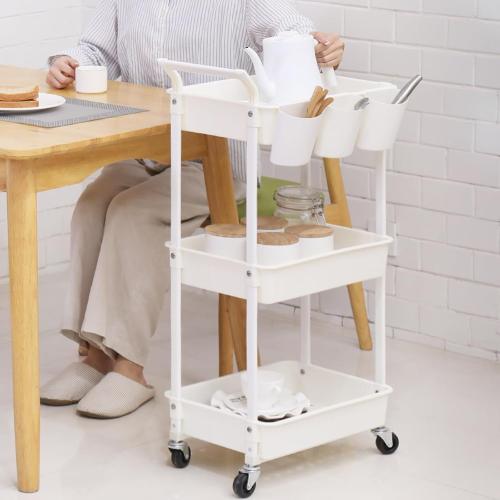 3-Tier Utility Rolling Cart,Mobile Utility Cart with Lockable Caster Wheels,Storage Shelves Organizer Cart, 3 Hanging Baskets, Easy Assembly,for Bathroom, Kitchen, Office, Workshop