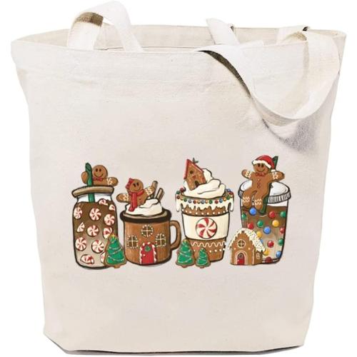Gingerbread Christmas Coffee Canvas Tote Bag for Women Cute Latte Drink Reusable Grocery Shopping Bags Girls Gifts