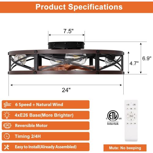 SHLUCE 24 Farmhouse Caged Flush Mount Ceiling Fan with Light, Rustic Low Profile Bladeless Ceiling Fans with Lights and Remote, Modern Large Ceiling Fan with Light for Bedroom, Kitchen, Brown - ETL