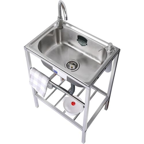 Outdoor Garden Sink Single Trough For Washing, Small Stainless Steel Utility Kitchen Hand Basin Station Sink Tub with Storage Shelve and Faucet, for Restaurant, Bar, Laundry, Garage, Backyard(54*40*75