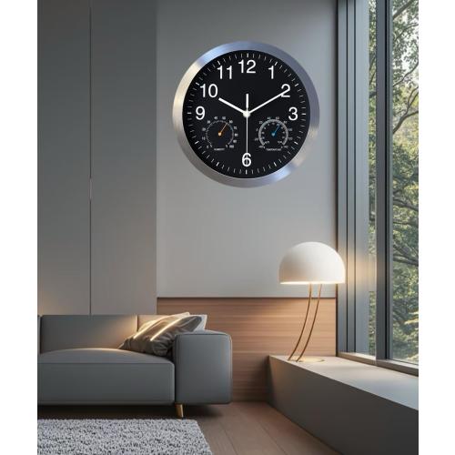 Non Ticking Silent Wall Clock, 10 Inch, Black, Quartz Analog, Battery Operated, with Thermometer and Hygrometer, Easy Installation