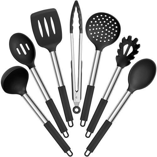 E-far Silicone Cooking Utensils Set, 7 Pcs Heat Resistant Kitchen Utensils with Stainless Steel Handle, Slotted Turner, Spoon, Soup Ladle, Pasta Server, Skimmer, Tongs for Nonstick Cookware, Black