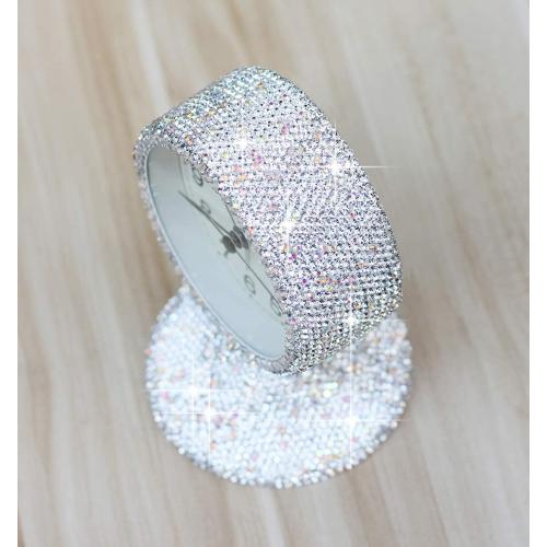 Luxury Rhinestone Small Alarm Desk Table Clock Morning Call Handmade Fashion Design for Bedroom Houseroom Living Room Cute As Gift AR (Silver)