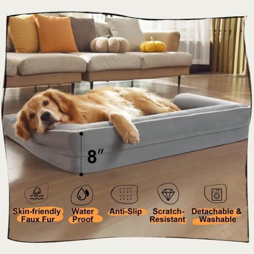 GREY Large Dog Bed Orthopedic Washable, Big Large XXXLarge Dogs, Orthopedic Grey Extra Dog Bed with Waterproof Cover and Removable Egg Foam, Couch Bed Bolster