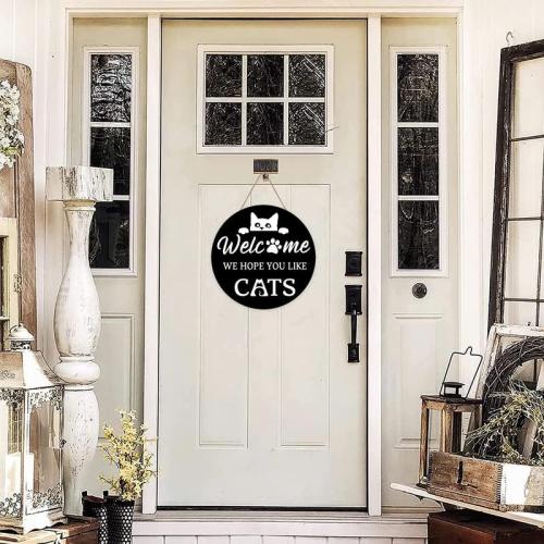 Welcome Sign Hope You Like Cat Wreath Porch Housewarming Rustic Farmhouse Wall Hanging Garland Outdoor Indoor Home Farmhouse Decor, 12