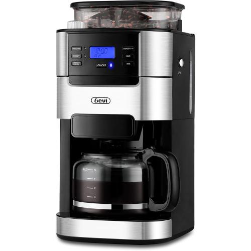 Gevi 10-Cup Drip Coffee Maker, Built-in Burr Grinder, 1.5L Water Tank, Programmable Timer, Auto Keep-Warm, Reusable Filter, Fresh Grind Coffee Machine, Black