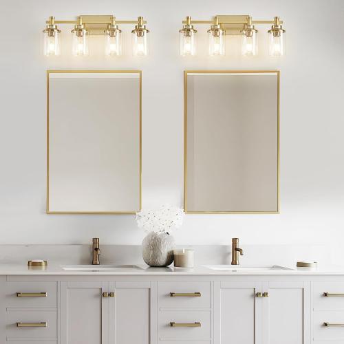 4 Light Brushed Brass Vanity Light Over Mirror, Gold Bathroom Fixtures, Vintage Wall Sconce With Clear Glass Shade, Brushed Gold Lights for Bathroom