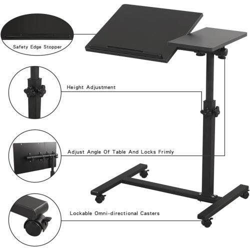 Black TigerDad Overbed Bedside Desk Mobile Rolling Laptop Stand Tilting Overbed Table with Wheels Height Adjustable Tray Table for Laptop Bed Sofa Side Table (Black)