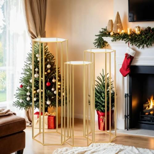 Set of 3 Color Gold Cylinder Stands for Party, 3PCS Hexagon Pedestal Stand, Cilindros Para Fiestas Cake Table Stand for Parties Cylinder Tables for Parties Hexagon Cylinder Stands for Party