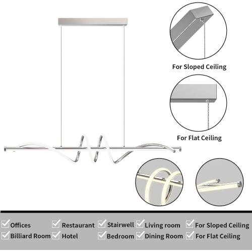 Size 47in Modern LED Pendent Lights Kitchen Island,3000k-6000K Adjustable Color Dining Room Light Fixture,Dimmable with Remote Control Aluminum for Kitchen, Living, Dining,Bedroom(47in Chrome Silver