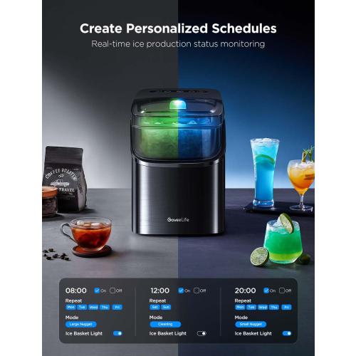 GoveeLife Smart Ice Maker Countertop, Portable Ice Machine with Voice Control, 9 Ice Cubes in 6 Minutes 3 Sizes, 26lbs/24Hrs, Self Cleaning RGB Lights, Quiet Ice Maker with Scoop for Kitchen Black