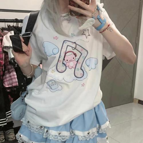 RILGOU Harajuku Style Pastel Kawaii Gothic Clothes Casual Crewneck Soft Cartoon Cute Cat Music Angel Print T-Shirt Size Large