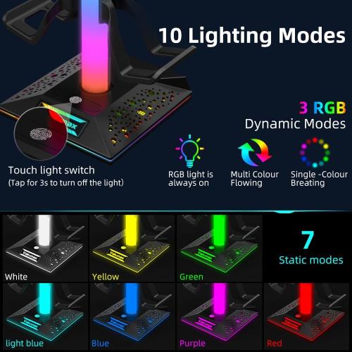 Headset and Controller Stand for Desk with Charging Hub - 2 USB   USB-C Ports, RGB Gaming Headphone Holder with 10 Color Modes, Desk Organizer for Earphone Support, PC Gamer Accessory Gift