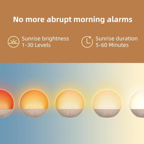 Sunrise Alarm Clock White Noise Machine: Natural Wake Up Light - Dimmable Clock with Bluetooth Speaker for Bedroom - 25 Sleep Sounds for Baby Adults Kids Putty