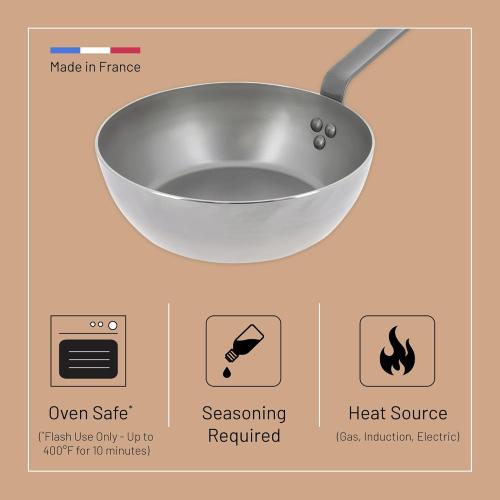 de Buyer MINERAL B Carbon Steel Country Fry Pan - 11” Diameter, 7.7” Cooking Surface - Ideal for Sauteing, Simmering, Deep Frying & Stir Frying - Naturally Non-Stick Finish - Made in France