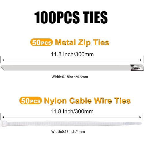 weideer 100pcs 11.8 inch Metal Zip Ties, 12inch Nylon Cable Wire Ties, 304 Stainless Steel Heavy Duty Self-locking Cable Tie for Outdoor Fence,Pipes,Vehicles,Exhaust Wrap
