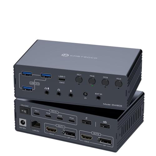 USB C KVM Switch 2 Monitors 4 Computers Docking Station 4K60Hz for Windows/Mac Thunderbolt KVM with Displaylink Support USB3.0/USB C in DP/HDMI Out Extended/Mirrored Mode for M1 M2 M3 M4 (1 box not 2)