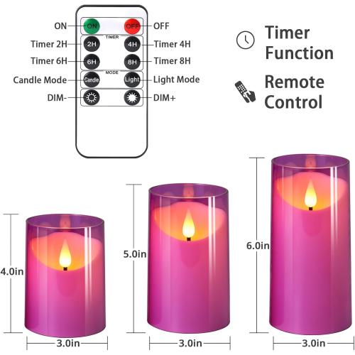 NURADA Flameless Candles: 3D Wick Unbreakable Acrylic Battery Operated LED Pillar Candles - Battery Candles with Remote and Timer for Table Wedding Centerpieces Party Decor 3 Pack Purple