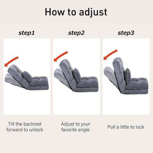 Indoor Floor Chaise Lounge Sofa Chair for Adults, 14-Angle Adjustable Recliner with Back Support & Pillow, Foldable Floor Lounger, Comfort for Living Room, Reading, Relax - Grey