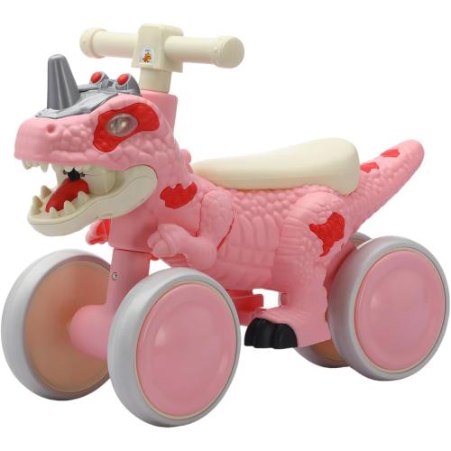Color green Dinosaur Balance Bike for 1-3 Year Olds, Toddler 4-Wheel No-Pedal Walker Scooter with Music & Mist Spray Effects, ASTM Certified First Birthday Gift for Boys & Girls