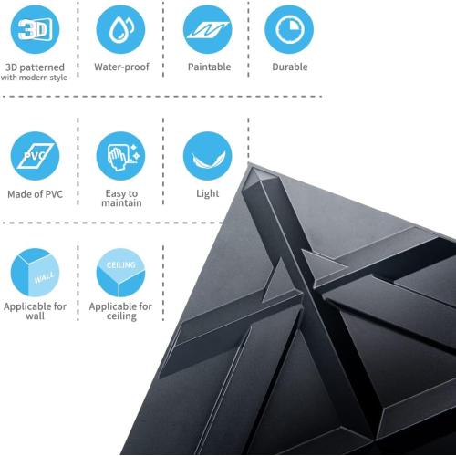 Art3d PVC 3D Wall Panel, Decorative Wall Tile in Black 12-Pack 19.7x19.7