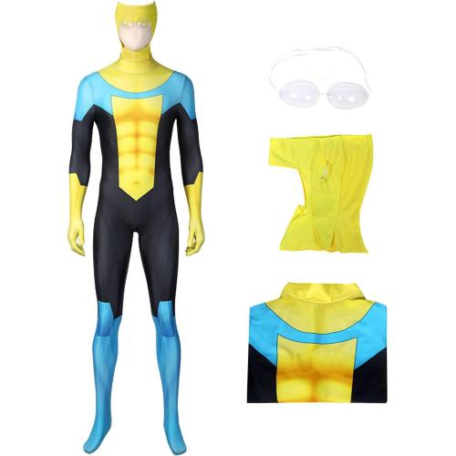 Invincible Cosplay Costume Mark Cosplay One-piece Skinny with Head Covering Blue Bodysuit Set for Men