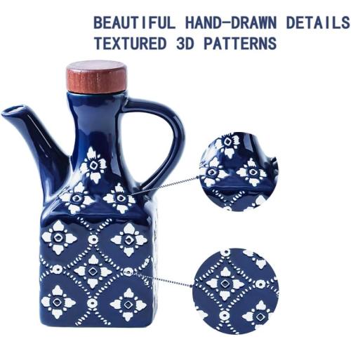 Blue Ceramic Olive Oil Dispenser Bottle for Kitchen, 8.5 oz Cruet for Avocado Oil with Handle & Wooden Stopper, Small Decorative Oil and Vinegar Dispenser Set, Oil Container Cruet for Olive