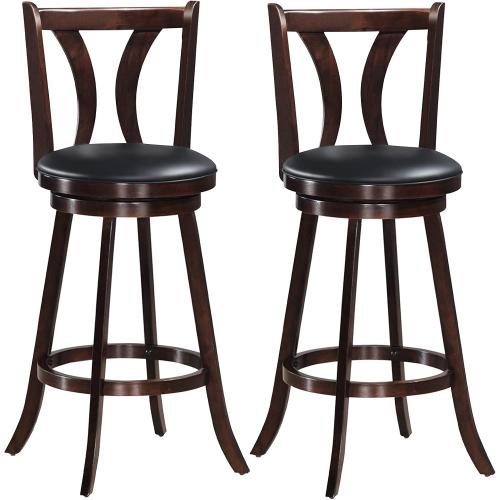 COSTWAY Bar Stools Set of 2, 360-Degree Swivel Stools with Leather Padded Seat, Single Slat Back & Solid Rubber Wood Legs, Counter Height Stools for Pub, Restaurant, Kitchen, Brown (2, 29inch)