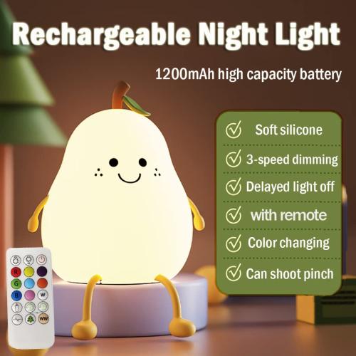 Cute Pear Night Light for Kids, Silicone Fruit Pear Cute Lamp with Remote, Adjustable Brightness NightLight for Bedroom, Rechargeable Soft NightLight for Home Decoration,Valentines Day Gifts for Her