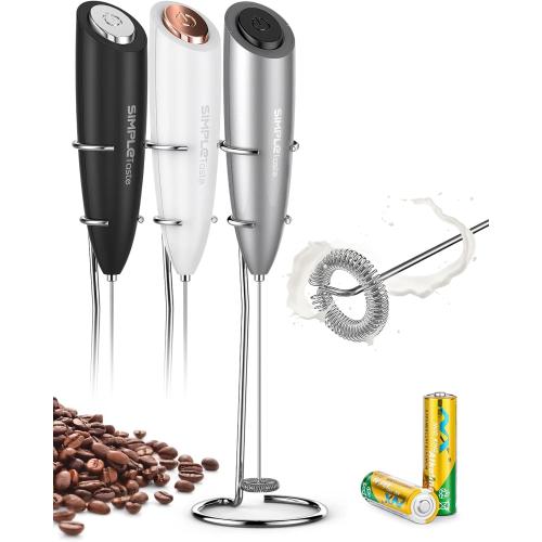 SIMPLETASTE Milk Frother Handheld Electric Foam Maker, Drink Mixer with Stainless Steel Whisk for Cappuccino, Bulletproof Coffee, Latte, with Stand, Gray, Battery Operated