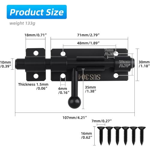 Barrel Bolt Latch, 4.2 Inch Slide Lock, SUS304 Stainless Steel Slide Bolt Latch with Padlock Hole, Heavy Duty Slide Bolt Gate Latch Lock for Wooden Fence, Yard Door, Barn Door, Shed Door (Black)