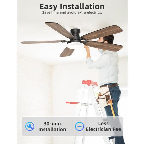 Size 52 Ceiling Fans with Lights and Remote, 52 Inch Modern Ceiling Fan with Light, Downrod & Flush Mount, Quiet DC Motor, Dual Finish 5 Blades Ceiling Fan for Bedroom Living Room Farmhouse Indoor