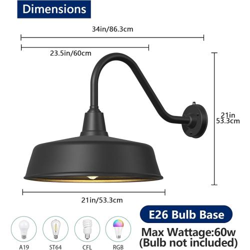 21 Large Outdoor Gooseneck Barn Lights Dusk to Dawn - Classic Farmhouse Light Fixtures with Extended Arms for Garage, Front Door, Porch Lights 2-Pack.