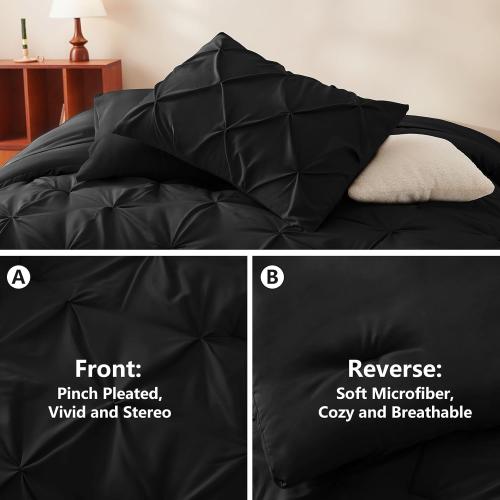 CozyLux King Size Comforter Set 7 Pieces Bed in a Bag Black Comforter King Bed Set Pintuck Bed Sets Pinch Pleat Bedding Sets with All Season Comforter, Flat Sheet, Fitted Sheet and Pillowcases&Shams